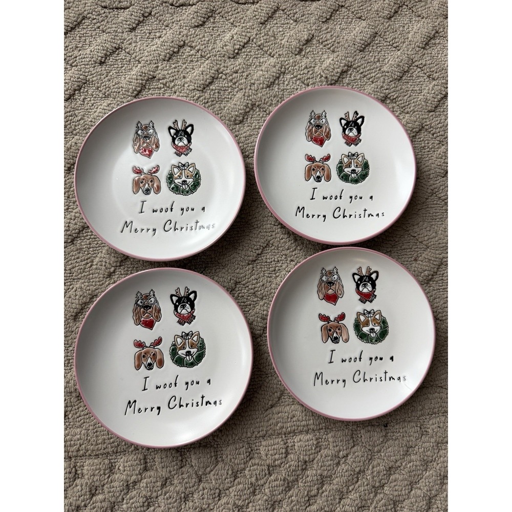 4 I WOOF YOU A MERRY CHRISTMAS Appetizer Plates 6" Hobby Lobby Dogs Corgi Doxie